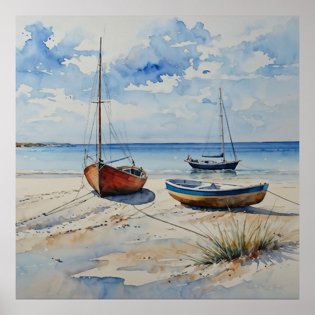 "Ocean Retreat". A Colourful Serene Boat Seascape Poster (Front)