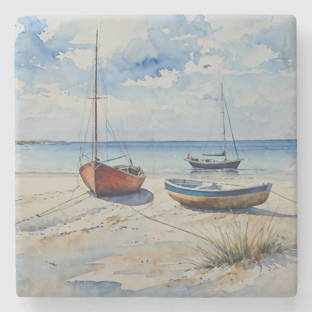 "Ocean Retreat". A Colourful Serene Boat Seascape Stone Coaster (Front)
