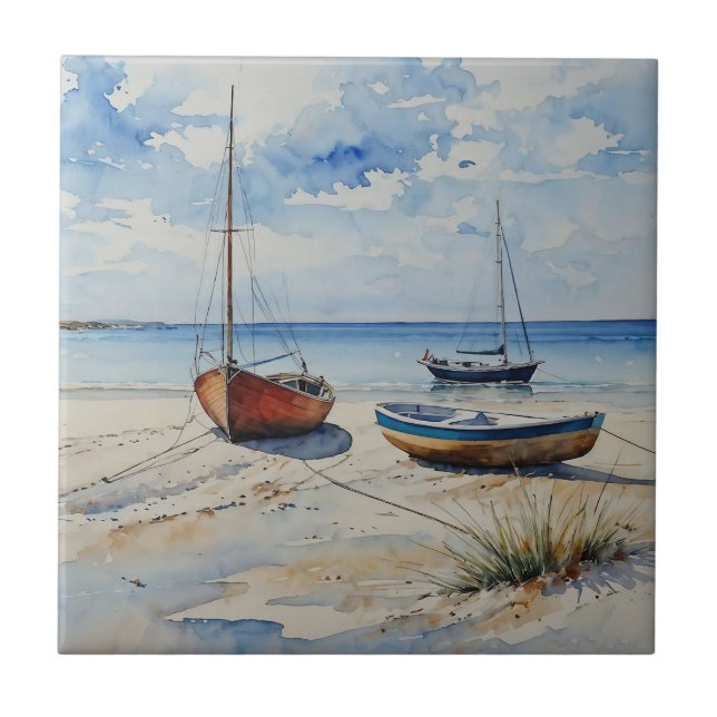 "Ocean Retreat". A Colourful Serene Boat Seascape Tile (Front)