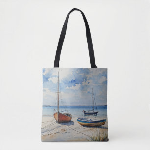 "Ocean Retreat". A Colourful Serene Boat Seascape Tote Bag