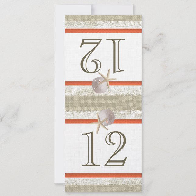 Ocean Romance Burlap and Lace Coral Table Number (Front)