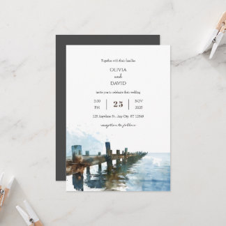 Ocean Rustic Wooden Pier Watercolor Beach Wedding  Invitation