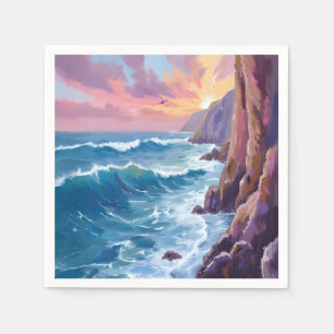 Ocean’s Breath Rocky Sea Sunset Coast Watercolor Napkin