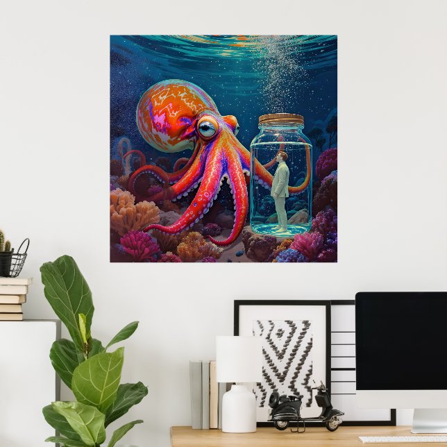 "Ocean’s Silent Captive" – Octopus Portrait Poster (Home Office)