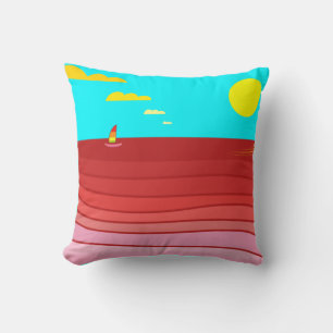 Ocean Sailboat Red Sea Yellow Sun and Clouds Throw Pillow