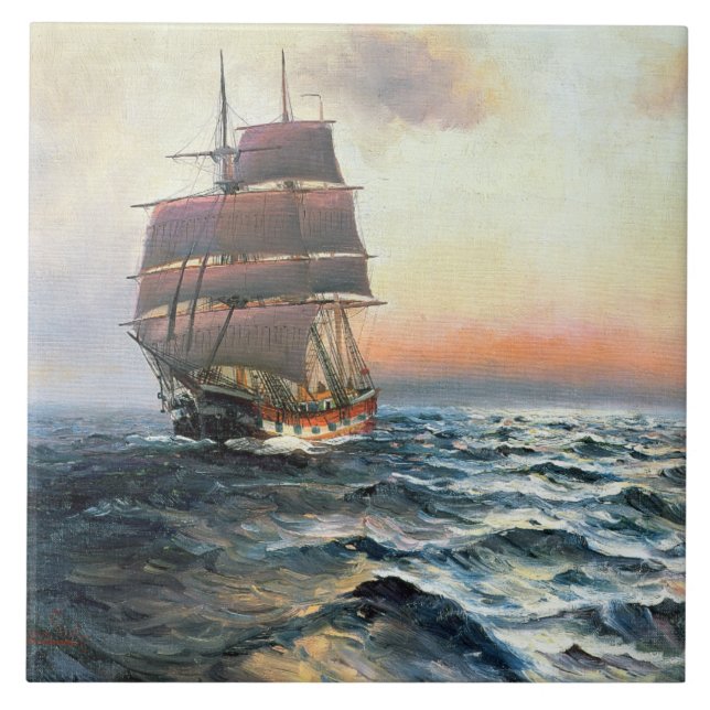 Ocean Sailing Clipper Ship Sea Waves Tile (Front)