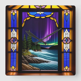 Ocean Scene and Colourful Aurora Display Square Wall Clock