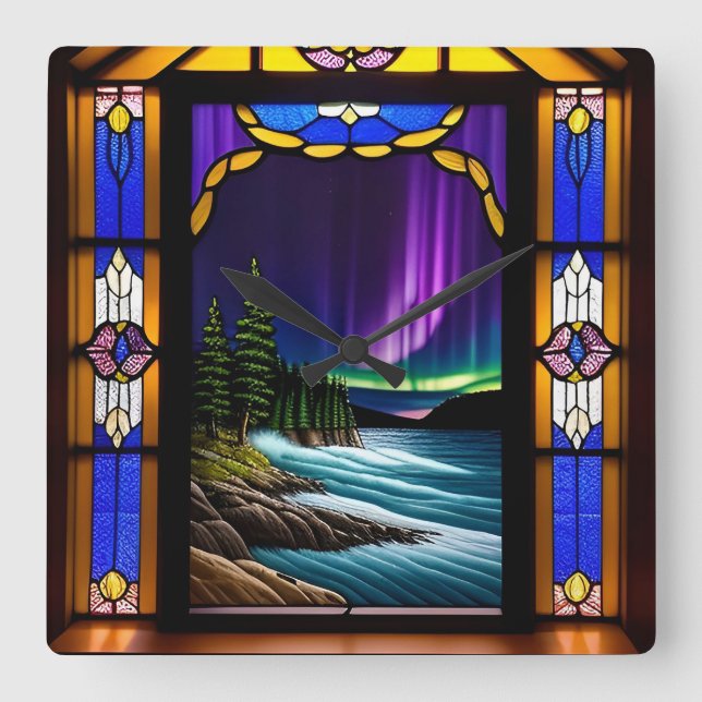 Ocean Scene and Colourful Aurora Display Square Wall Clock (Front)
