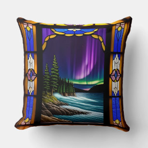 Ocean Scene and Colourful Aurora Display Throw Pillow