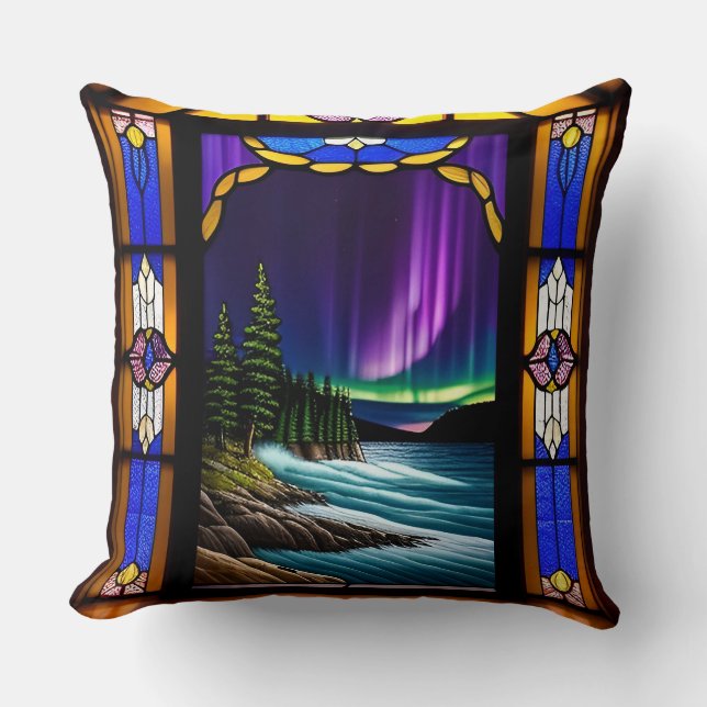 Ocean Scene and Colourful Aurora Display Throw Pillow (Front)