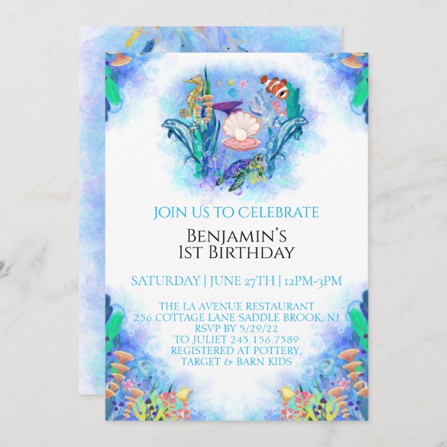 Ocean Sea Animals 1st Birthday  Invitation (Front/Back)