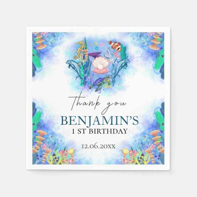 Ocean Sea Animals Wild One Birthday Napkins (Front)