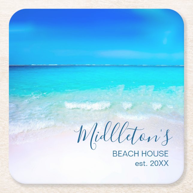  Ocean Sea Beach Blue Aqua Coastal Family Square Paper Coaster (Front)