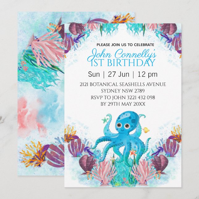 Ocean Sea Colourful Boy Octopus Birthday  Invitation (Front/Back)