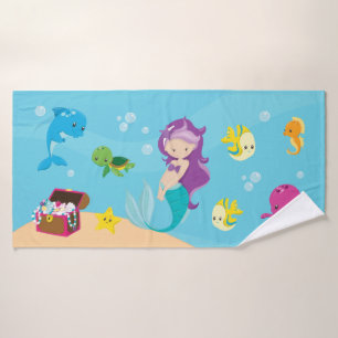 Ocean Sea Friends Cute Cartoon Mermaid & Treasure Bath Towel