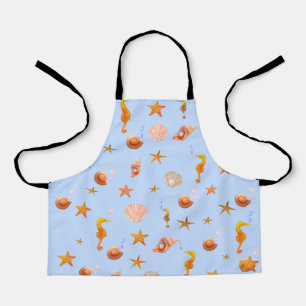 Ocean sea horses & sea shells on light blue apron