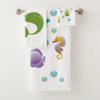 Ocean Sea Life Cute Fish Pattern Personalized Kids Bath Towel Set