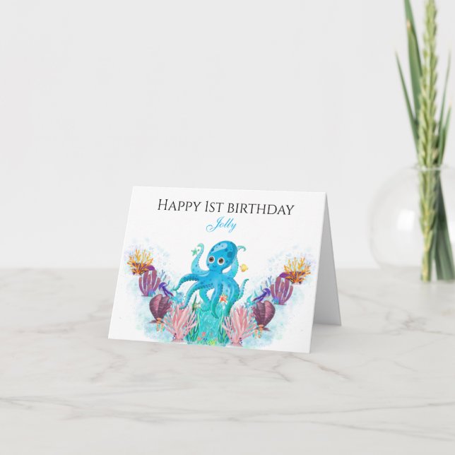 Ocean Sea Octopus baby boy Happy Birthday Card (Front)