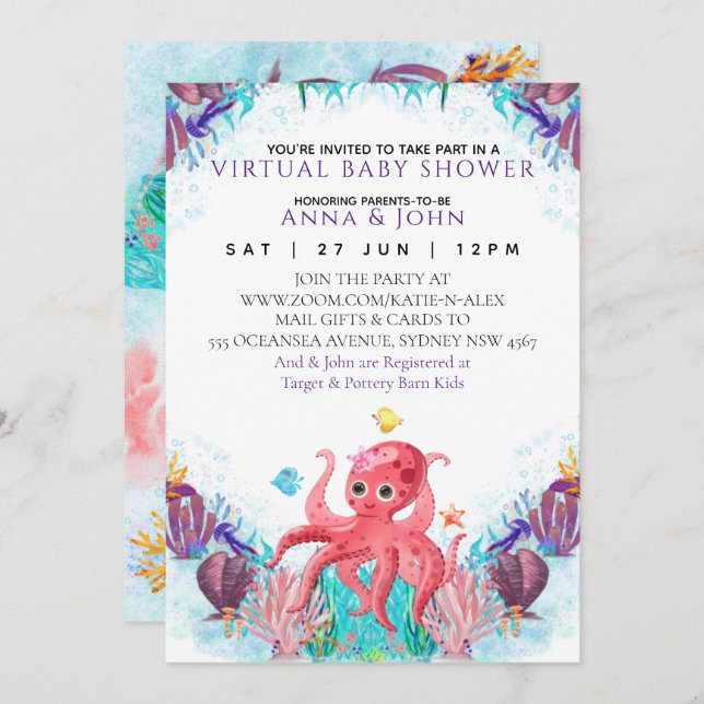 Ocean Sea Octopus colourful Virtual Baby Shower  Invitation (Front/Back)