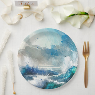 Ocean Sea Splash Watercolor Waves Birthday Party Paper Plate