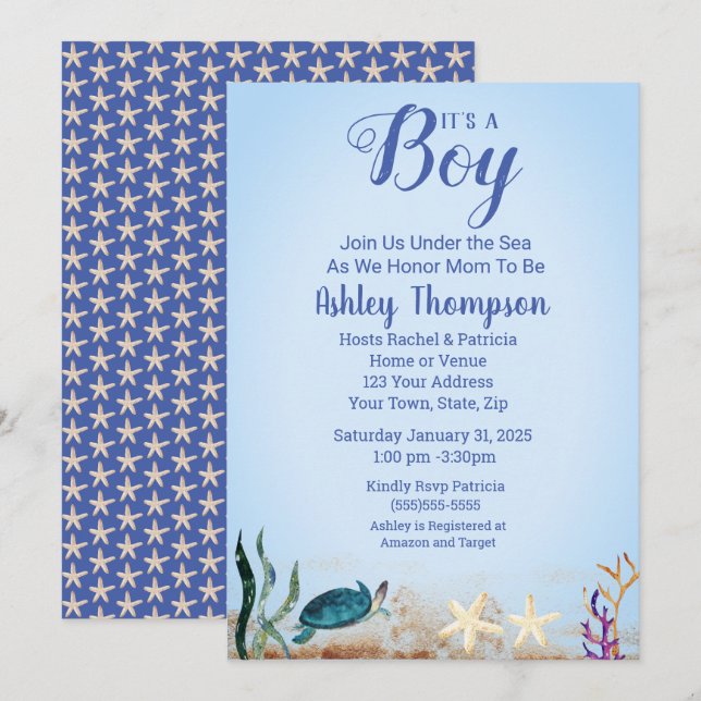Ocean Sea Turtle Blue Boys Starfish Baby Shower   Invitation (Front/Back)