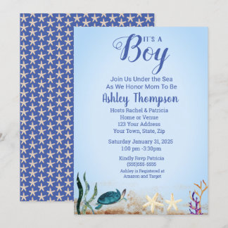 Ocean Sea Turtle Blue Boys Starfish Baby Shower   Invitation