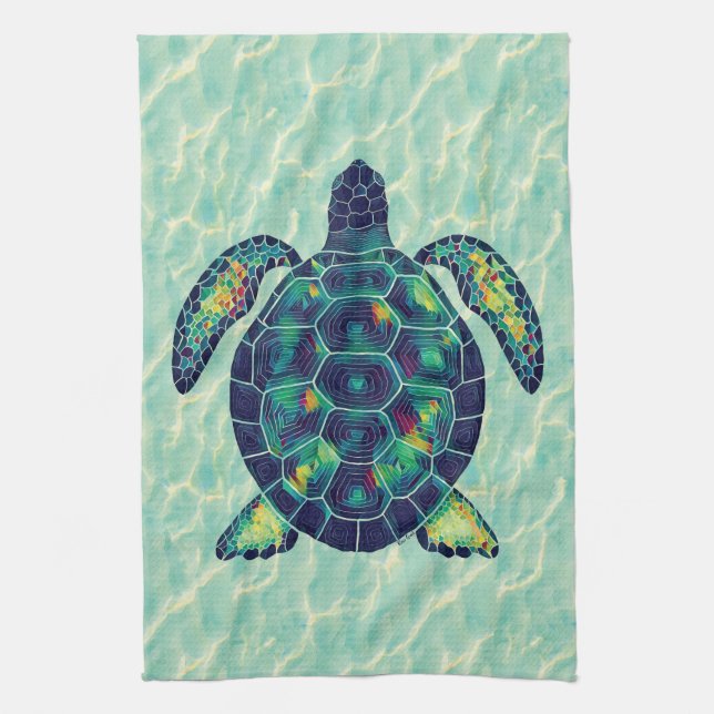 Ocean Sea Turtle Mosaic Water Ripple Art Kitchen Towel (Vertical)
