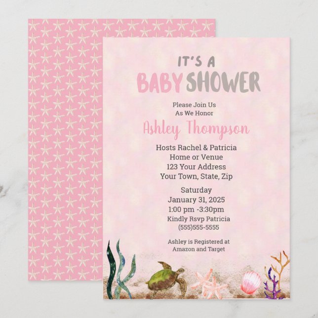 Ocean Sea Turtle Pink Girls Starfish Baby Shower   Invitation (Front/Back)