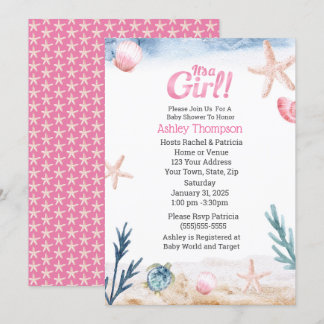 Ocean Sea Turtle Pink Girls Starfish Baby Shower   Invitation