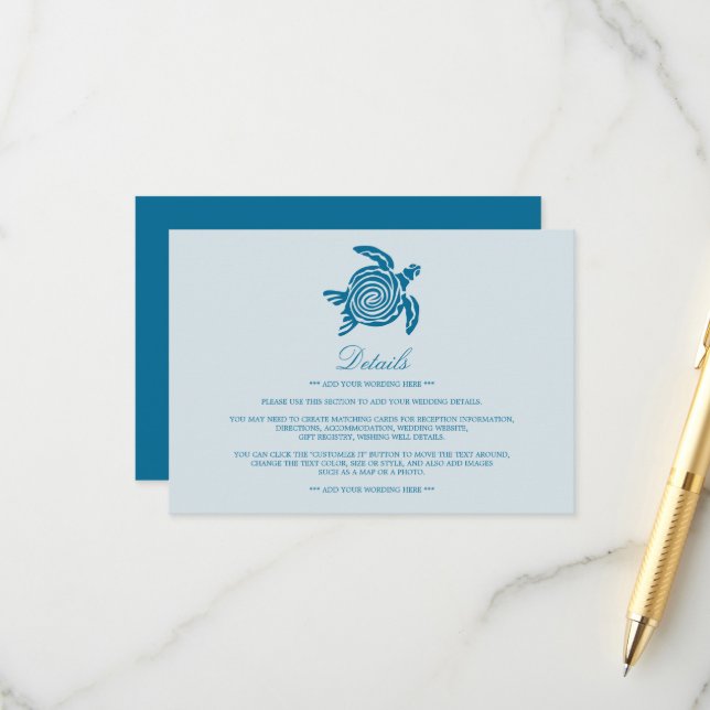 Ocean Sea Turtle, Sea Blue Beach Wedding Detail Enclosure Card (Front/Back In Situ)