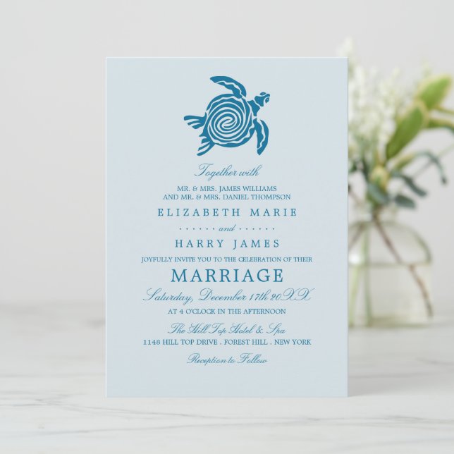 Ocean Sea Turtle, Sea Blue Beach Wedding Invitation (Standing Front)