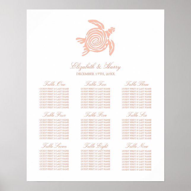Ocean Sea Turtle, Soft Coral Beach Seating Chart (Front)