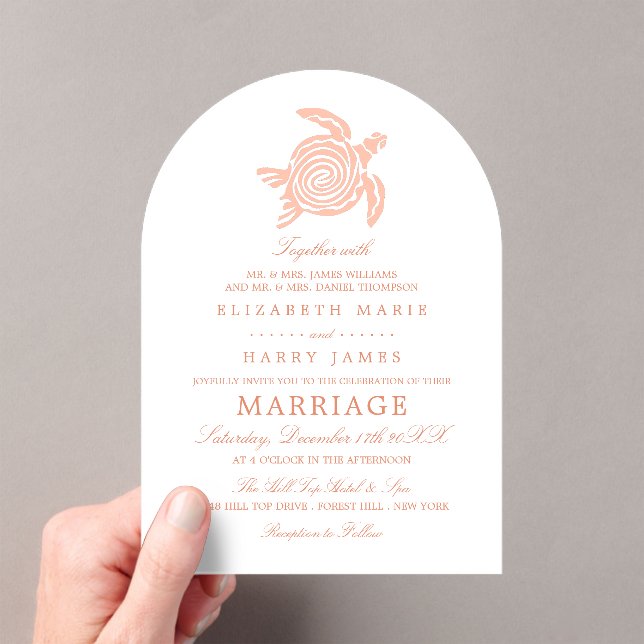Ocean Sea Turtle, Soft Coral Beach Wedding Acrylic Invitations (Insitu (Handheld))