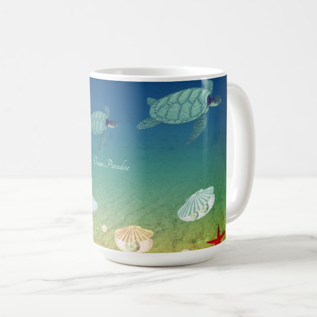 Ocean, sea turtles, shells, pearls & calligraphy coffee mug (Front Right)