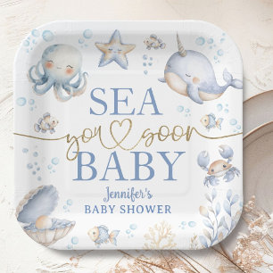 Ocean Sea You Soon Baby Shower Boy Blue  Paper Plate