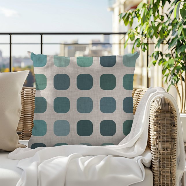 Ocean Seafoam Slate Blue Round Squares On Ivory Outdoor Pillow (Creator Uploaded)