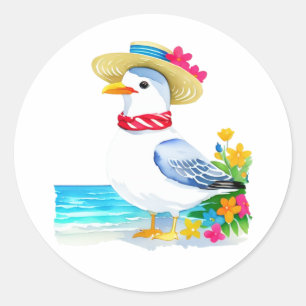 Ocean seagull with beach hat & scarf classic round sticker