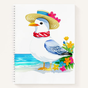 Ocean seagull with beach hat & scarf notebook