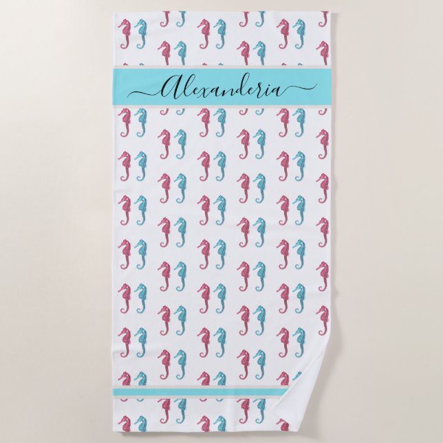 Ocean Seahorse Tropical blue teal  Beach Towel (Front)