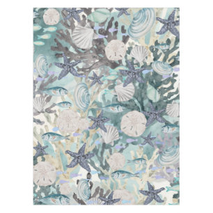 Ocean Sealife Starfish Coral Light Teal Grey Beige Tablecloth