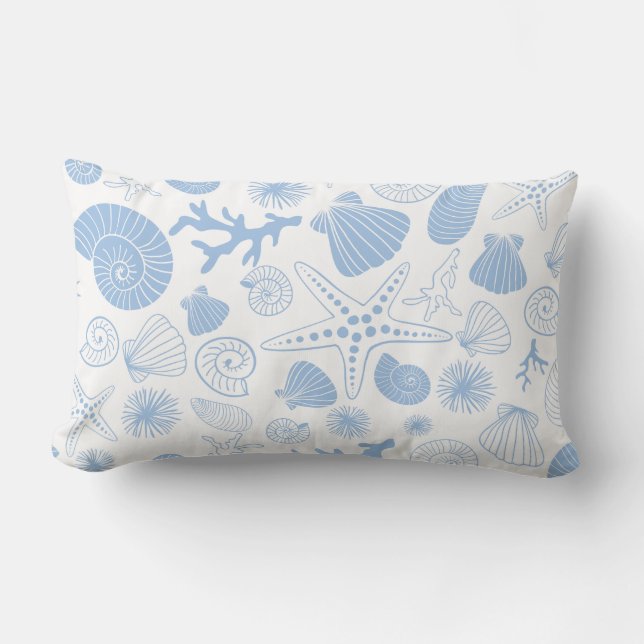 Ocean Seashell Light Blue Nautical Seashore Beach Lumbar Pillow (Front)