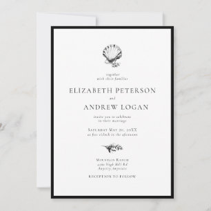 Ocean Seashell Modern Minimal Black White Wedding Invitation