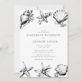 Ocean Seashell Modern Minimal Black White Wedding Invitation