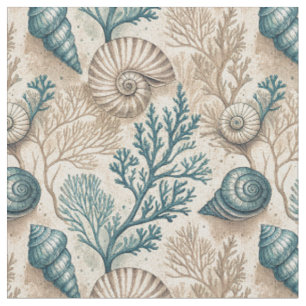 Ocean Seashell, Starfish & Coral Nautical Pattern Fabric
