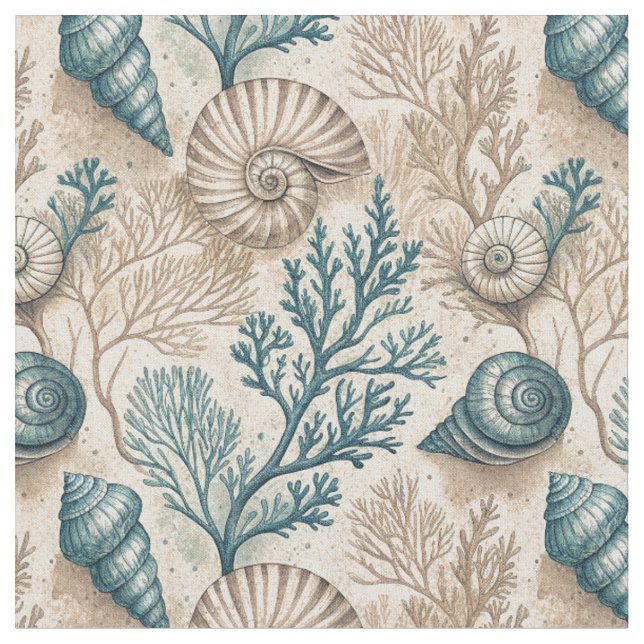Ocean Seashell, Starfish & Coral Nautical Pattern Fabric (Close Up)
