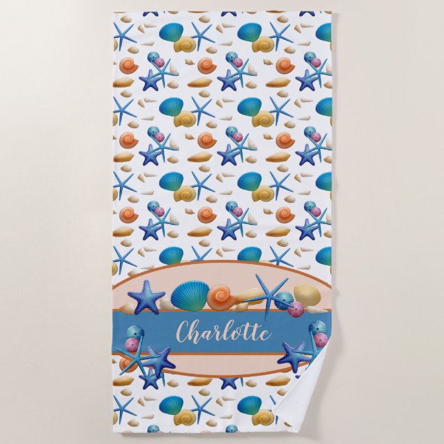 Ocean Seashells Colourful Personalized Beach Towel (Front)