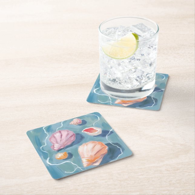 Ocean Seashells Watercolor Coastal Beach Sea Square Paper Coaster (Insitu)