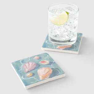 Ocean Seashells Watercolor Coastal Beach Sea Stone Coaster