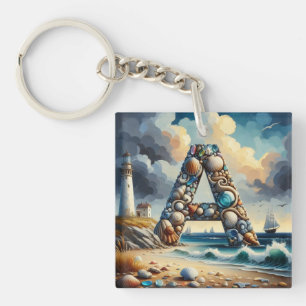 Ocean Seashore Lighthouse Sailboat Monogram A Keychain