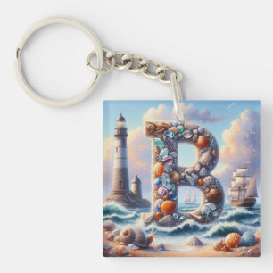 Ocean Seashore Lighthouse Sailboat Monogram B Keychain
